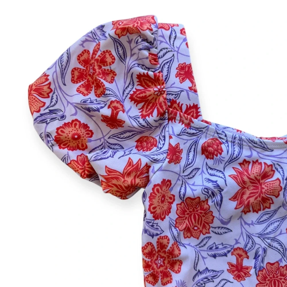 Janie and Jack Kids Girls Size 8 Floral Print One Piece Swimsuit Puff Sleeve Bow